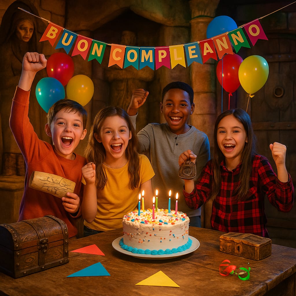 festa compleanno in escape room Bambini che festeggiano in una escape room per feste a Roma